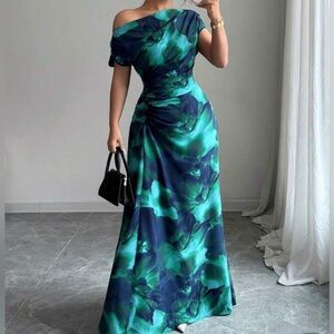 Blue Print Asymmetrical Shoulder & Waist Ruched Dress
